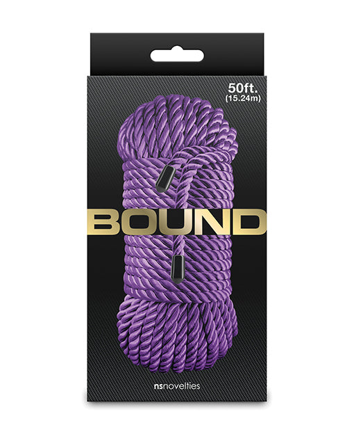 Bound 50 ft Bondage Restraints Rope Purple package featuring purple rope and branding.