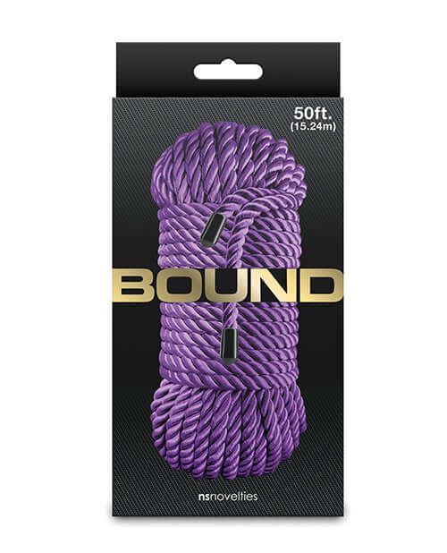 Bound 50 ft Bondage Restraints Rope Purple package featuring purple rope and branding.