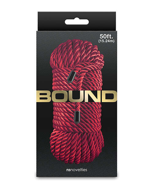 Bound 50 ft Bondage Rope Red packaging featuring a smooth red rope for comfortable use.