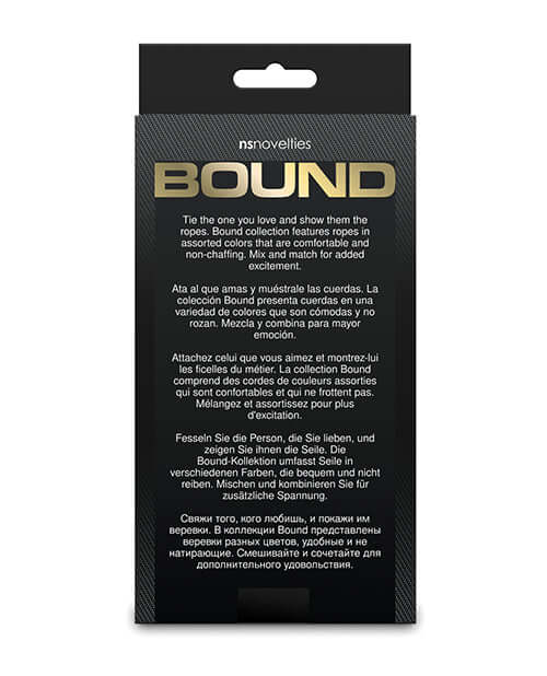 Bound 50 ft Bondage Rope Red packaging showing ties and collection features in various colors.