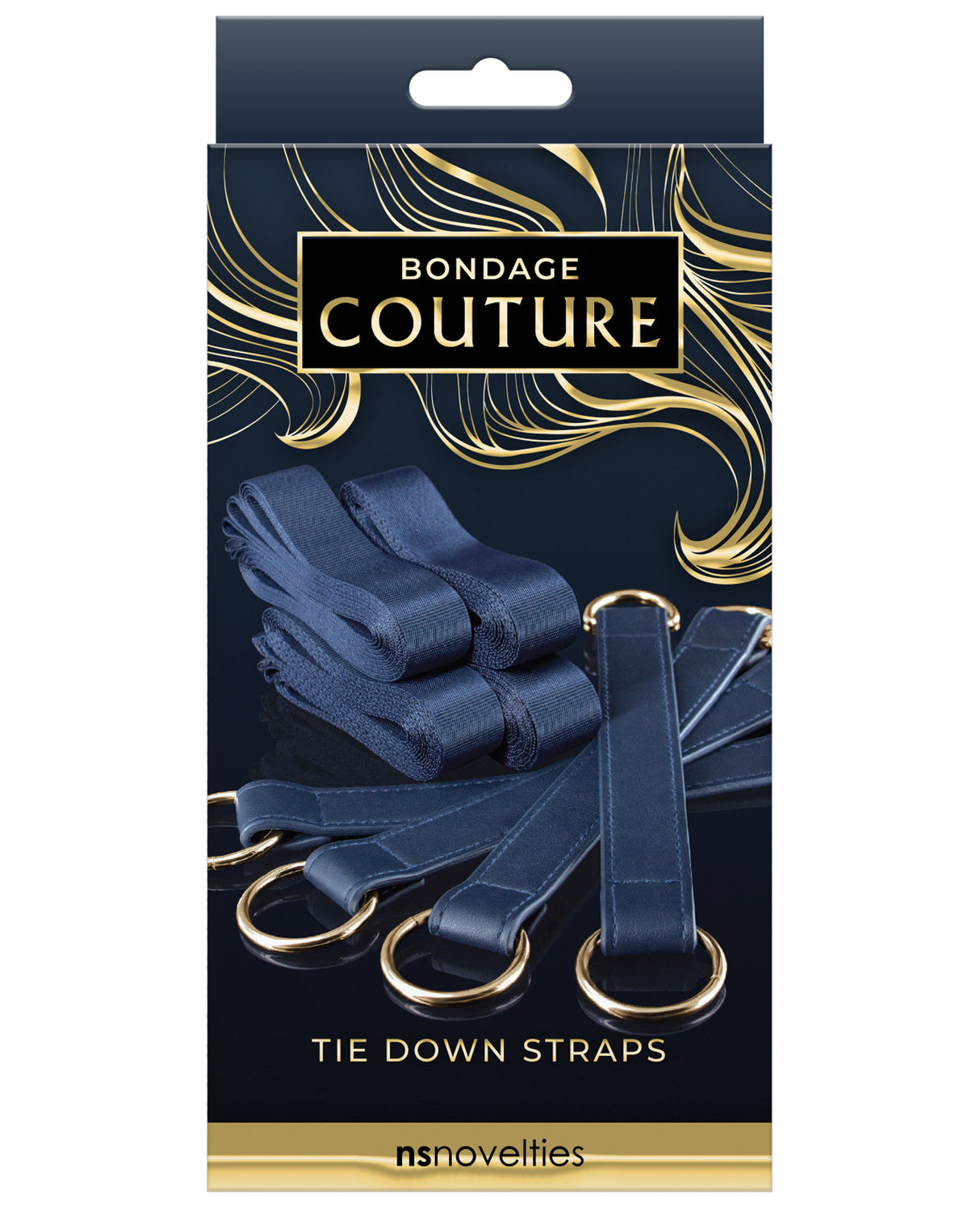 Bondage Couture Tie Down Straps Blue packaging with navy straps and gold rings for fashionable restraint.