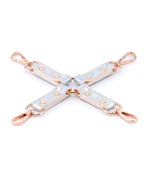 Cosmo Bondage Hogtie Rainbow Vinyl Restraint featuring a holographic design and easy-to-use clips for BDSM play.
