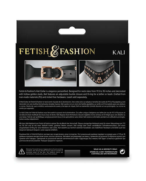 Fetish & Fashion Kali Studded Collar Black product packaging showcasing elegant design and golden studs.