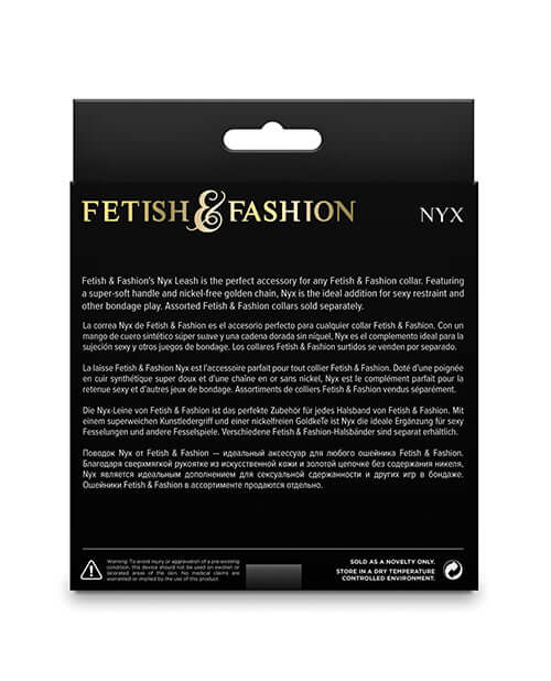 Fetish & Fashion Nyx Leash Black packaging featuring elegant design, perfect for pairing with collars for bondage play.