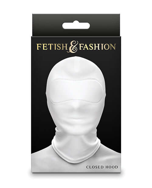 Fetish & Fashion Nylon Closed Hood White packaging showcasing a sensory deprivation hood design.
