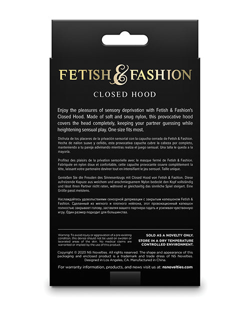 Fetish & Fashion Nylon Closed Hood White product packaging showcasing sensory deprivation features.