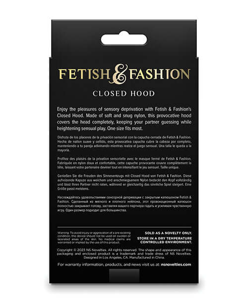 Fetish & Fashion Nylon Closed Hood White product packaging showcasing sensory deprivation features.
