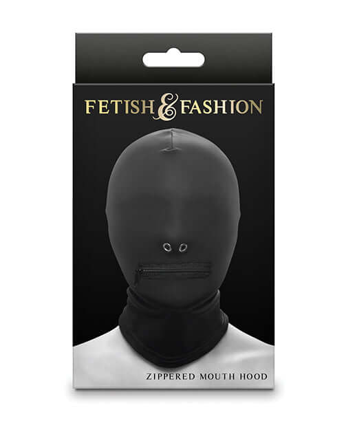 Fetish & Fashion Zippered Mouth Hood Black packaging design showcasing the sensory-limiting hood with a zippered mouth.