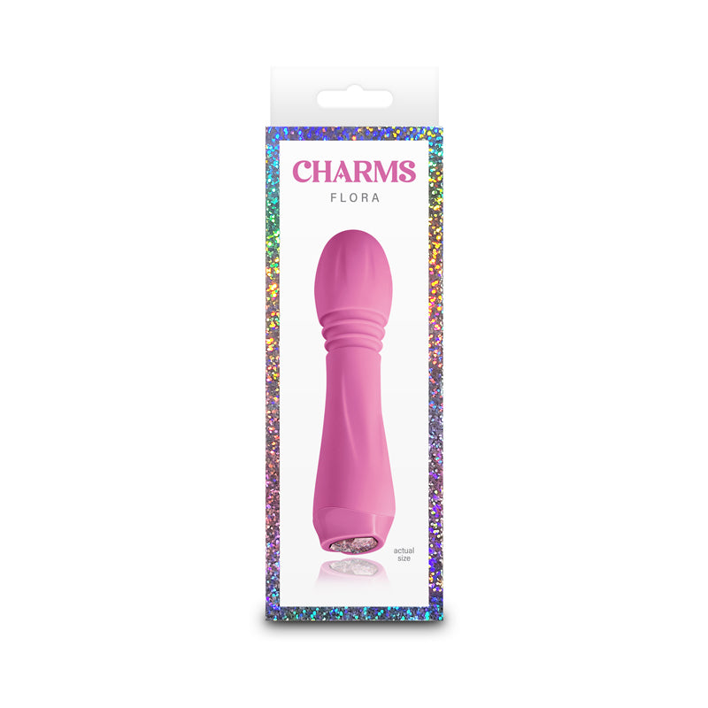 Charms Flora Coral Rechargeable Silicone Mini Vibrator in packaging with a vibrant pink design and LED power button.