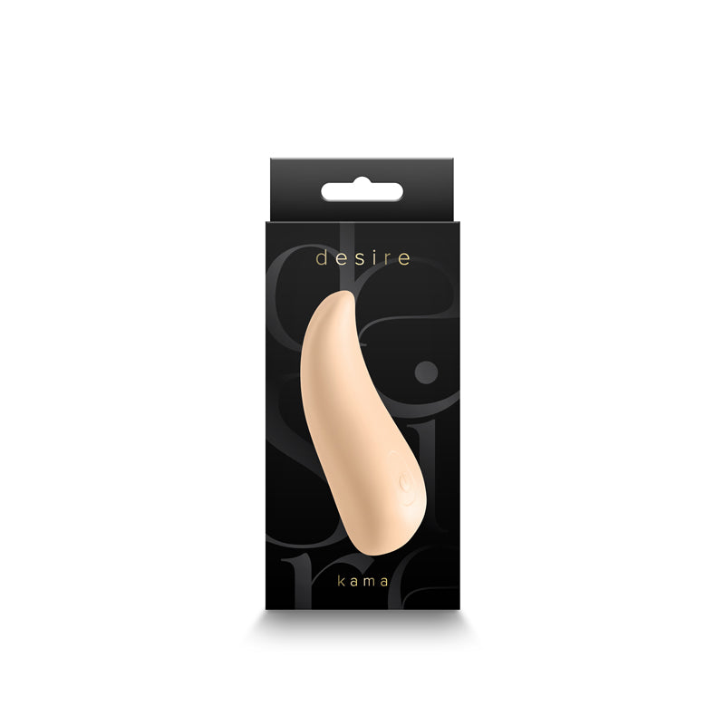 Desire Kama Vanilla Rechargeable Tongue Vibrator packaging featuring sleek design and soft silicone surface.
