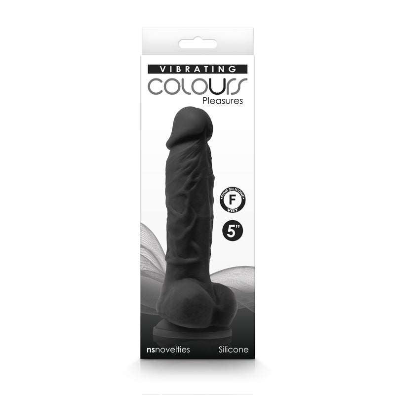 Colours Pleasures Vibrating 5 Inch Silicone Dildo Black in sleek packaging with realistic design and satin finish.