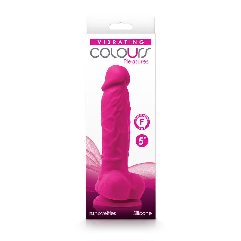 Colours Pleasures 5 Inch Vibrating Dildo Pink in packaging, designed for powerful vibrations and lifelike sensations.