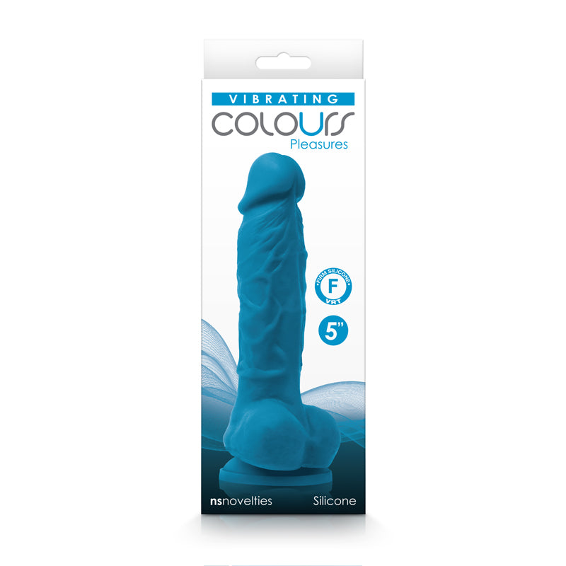 Colours Pleasures 5 Inch Silicone Vibrating Dildo Blue in packaging, showcasing its lifelike design and vibrant color