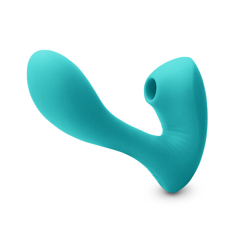 Inya Sonnet G-Spot Suction Vibrator Teal displayed in a sleek teal color for dual-action pleasure.