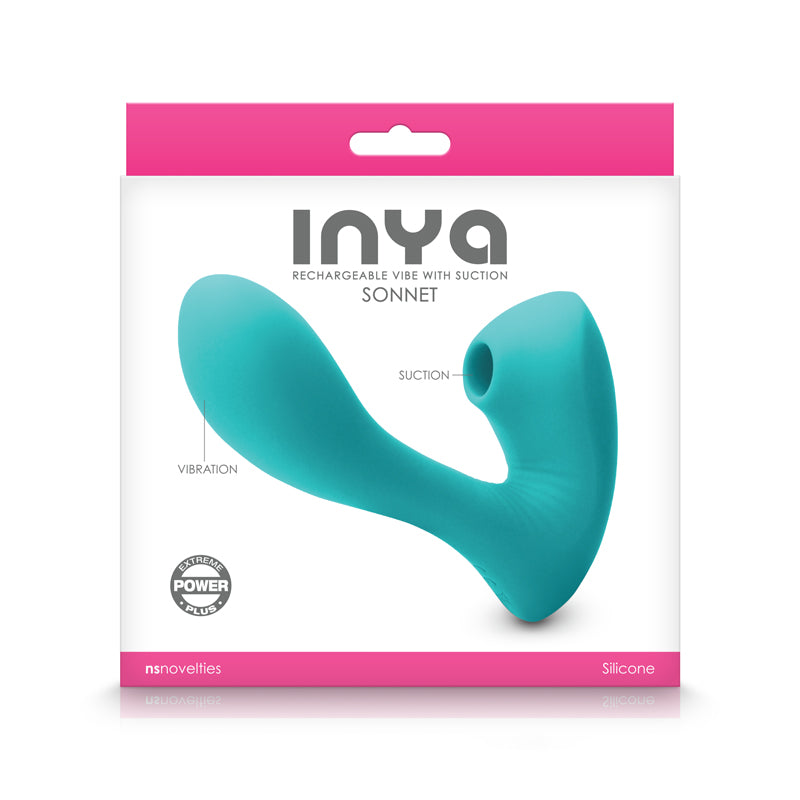 Inya Sonnet G-Spot Suction Vibrator Teal packaging showcasing its ergonomic design and features.