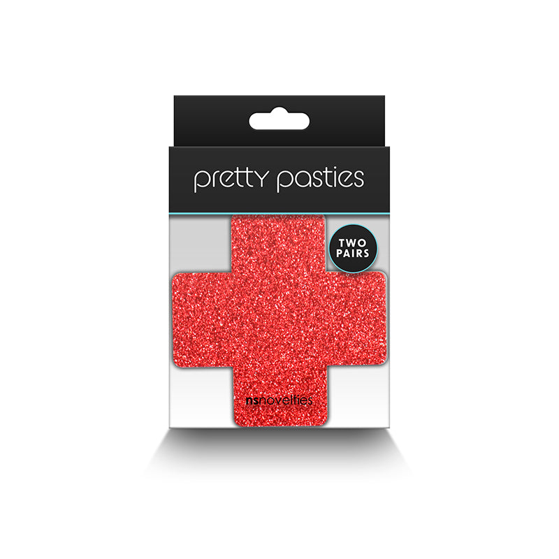 Pretty Pasties Glitter Cross Red/Silver 2 Pairs packaging showcasing bold glittery red cross design.