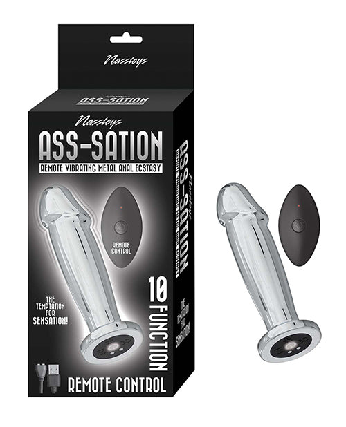 Ass-sation Remote Vibrating Metal Anal Ecstasy Silver in packaging with remote control features.