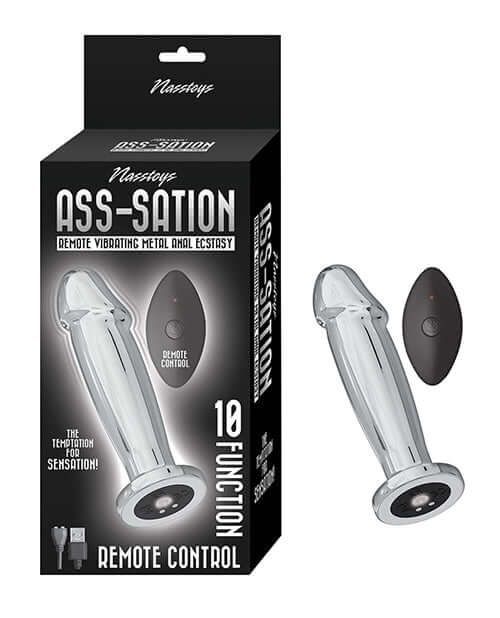 Ass-sation Remote Vibrating Metal Anal Ecstasy Silver in packaging with remote control features.