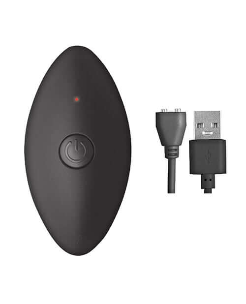Ass-sation Remote Vibrating Metal Anal Ecstasy Silver remote control with USB charging cable.