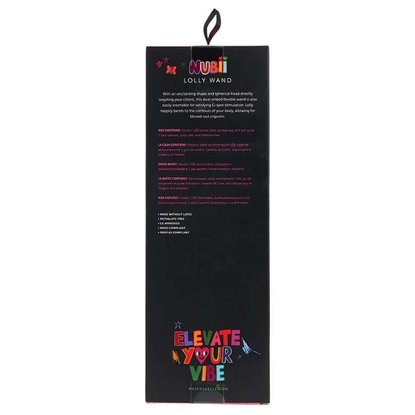 Nu Sensuelle Nubii Lolly Dual-Ended Wand Purple packaging details and product features on the back of the box.