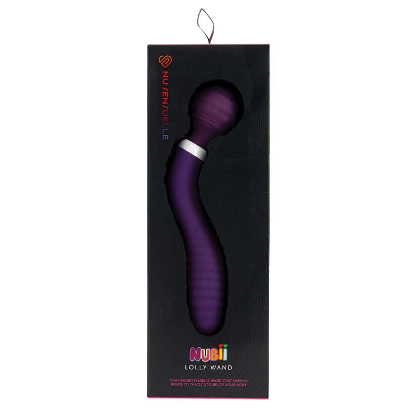 Nu Sensuelle Nubii Lolly Dual-Ended Wand Purple in elegant packaging, showcasing its unique design and colors.