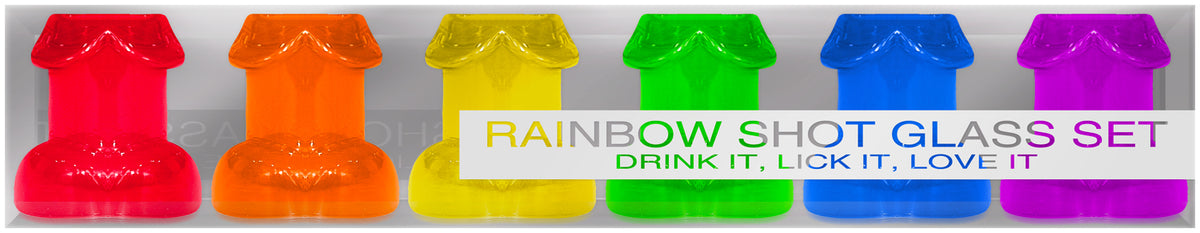 Kheper Games Rainbow Penis Shot Glass Set 6 Piece colorful shot glasses for fun adult celebrations.
