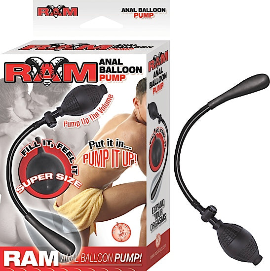 Ram Inflatable Anal Balloon Pump Black packaging with pump bulb and usage instructions.