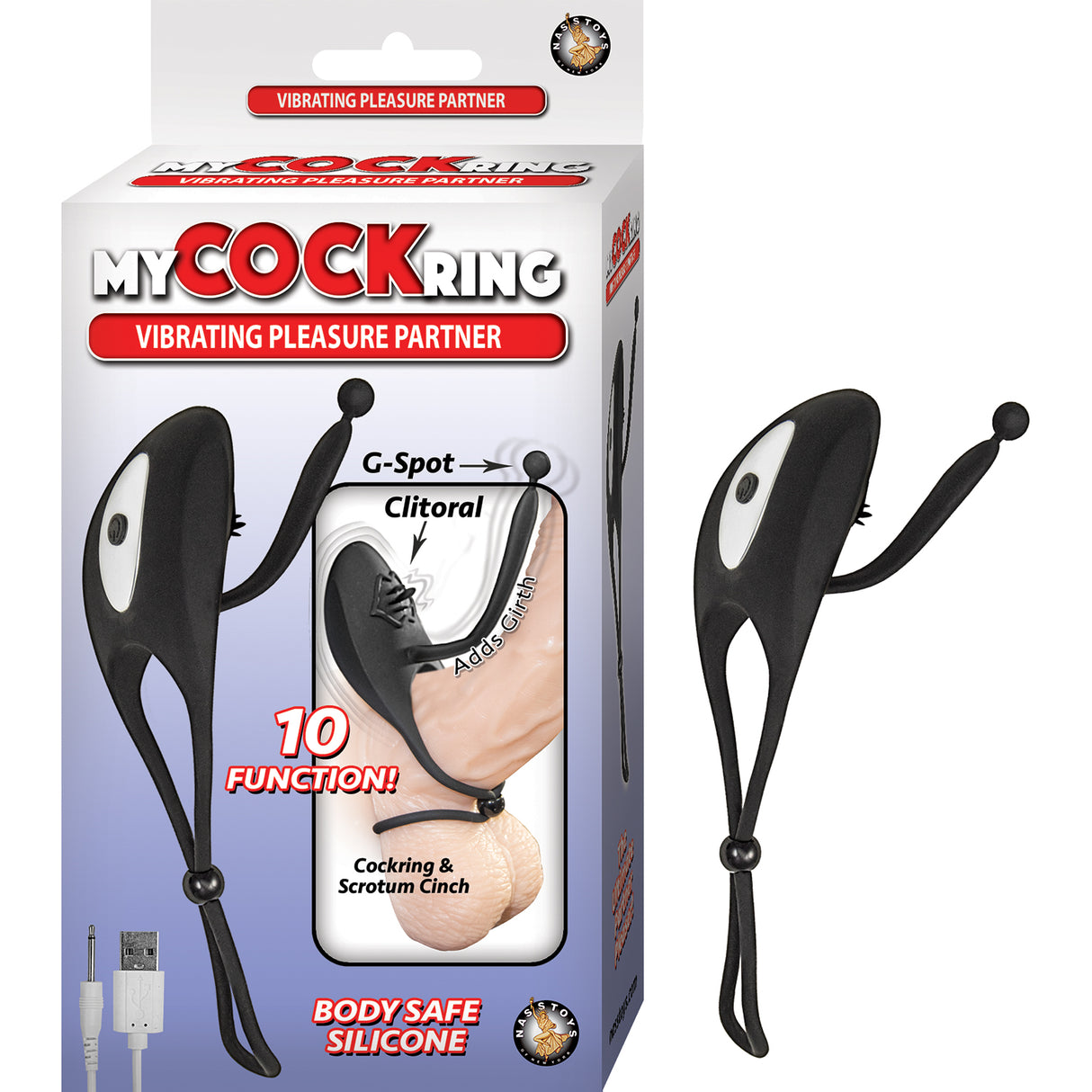 My Cock Ring Vibrating Pleasure Partner Silicone Black packaging showing cock ring and features for couples.