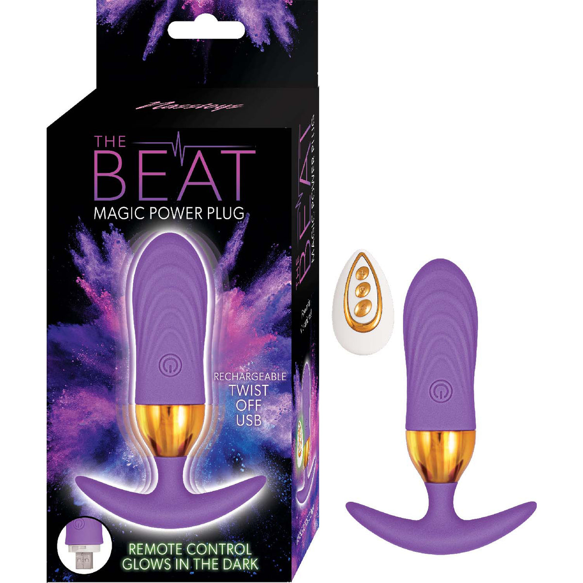 The Beat Magic Power Vibrating Anal Plug Purple with remote control packaging and device.