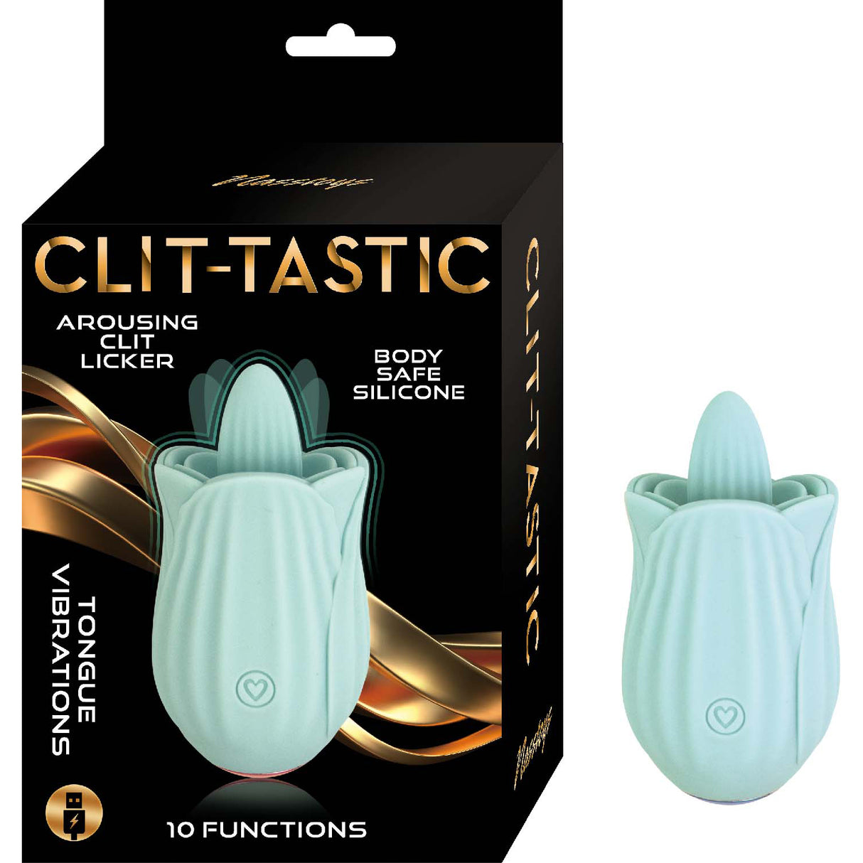 Clit-tastic Arousing Clit Licker Aqua packaging and product showing rose-shaped clitoral stimulator for sensual pleasure.