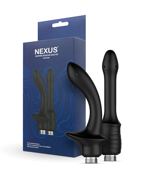 Nexus Beginner Shower Douche Kit Black with two silicone nozzles in packaging, designed for intimate cleansing.