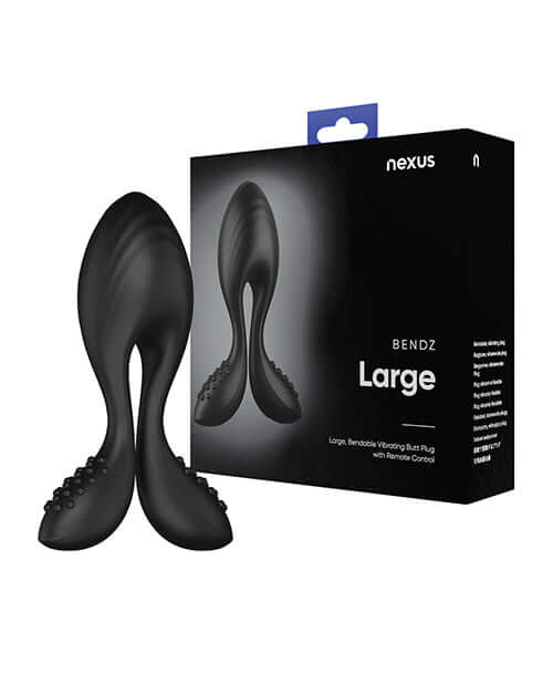 Nexus Bendz Vibrating Butt Plug Large Black with packaging, showcasing its silicone design and bendable arms.