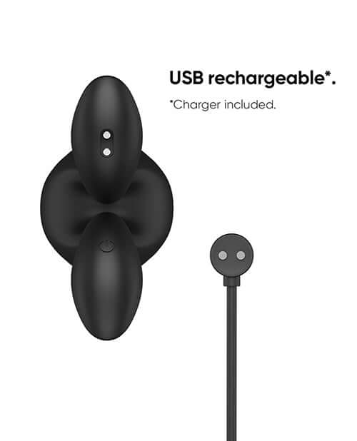 Nexus Bendz Vibrating Butt Plug Large Black showcasing USB rechargeable feature with included charger.