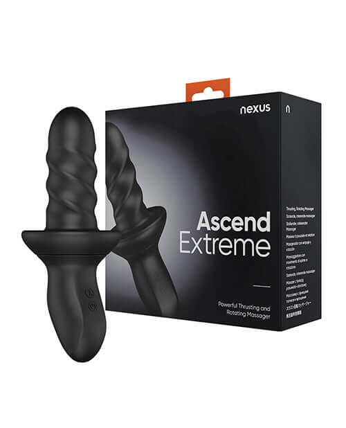 Nexus Ascend Extreme Rotating Prostate Massager Black with packaging showcasing its features.