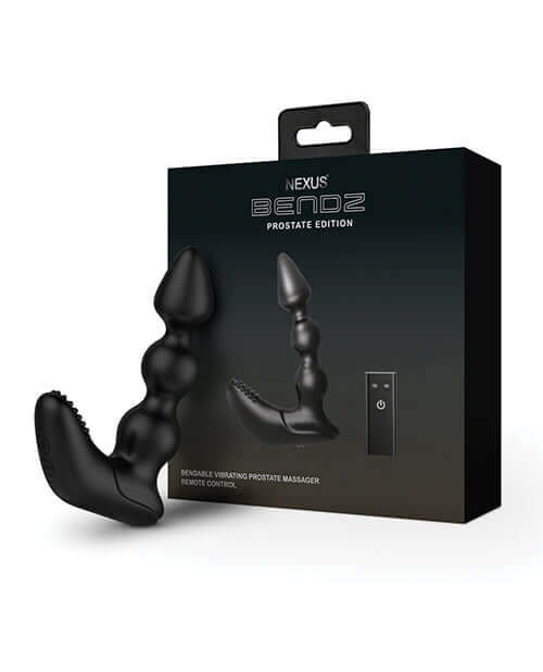 Nexus Bendz Bendable Prostate & Perineum Massager Black in packaging, showcasing its flexible design and remote control features.