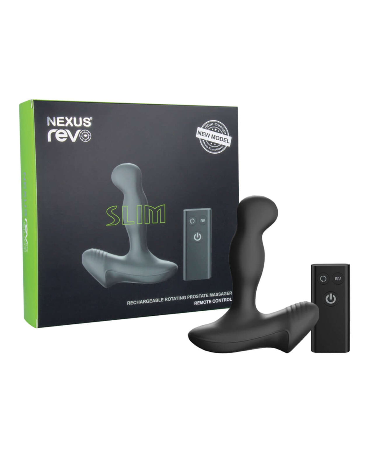 Nexus Revo Slim Rotating Prostate Massager Black with remote control in packaging