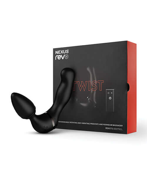 Nexus Revo Twist Rotating & Vibrating Massager Black with packaging showing versatile design for anal and perineum stimulation.