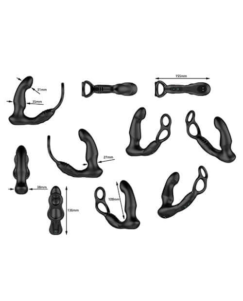 Image showcasing the Nexus Simul8 Wave Dual Cock Ring Prostate Massage Black with various angles and sizes for flexible use.
