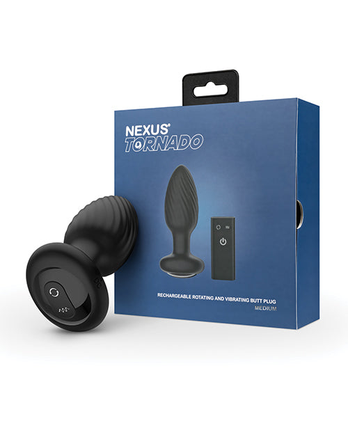 Nexus Tornado Rotating Vibrating Butt Plug Remote Black product packaging and plug image.