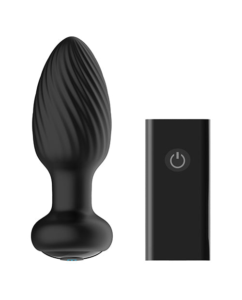 Nexus Tornado Rotating Vibrating Butt Plug Remote Black alongside its remote control.