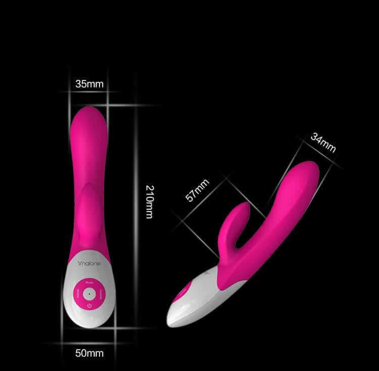 Nalone Rhythm Sound Activated Rechargeable Rabbit Vibrator in pink, featuring dimensions of 210mm by 50mm, and sound-activated settings.