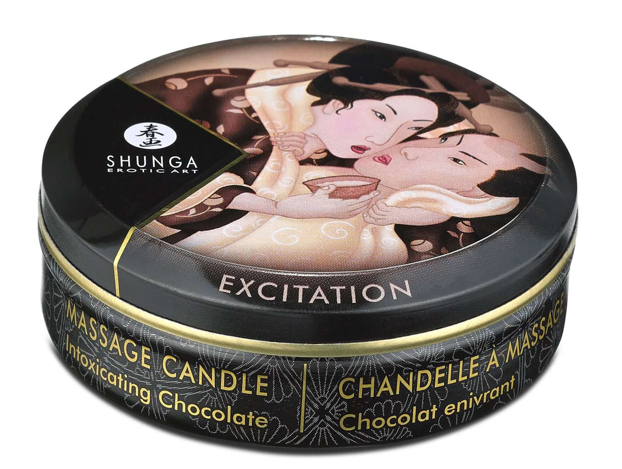 Shunga Mini Massage Candle Excitation Intoxicating Chocolate 1 Oz in decorative tin, perfect for romantic settings.
