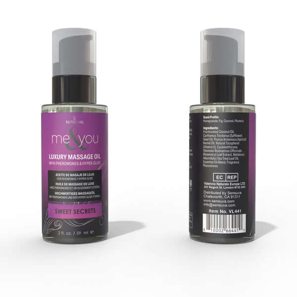 Me and You Massage Oil Sweet Secrets 2 Oz bottle showcasing luxurious massage oil packaging.