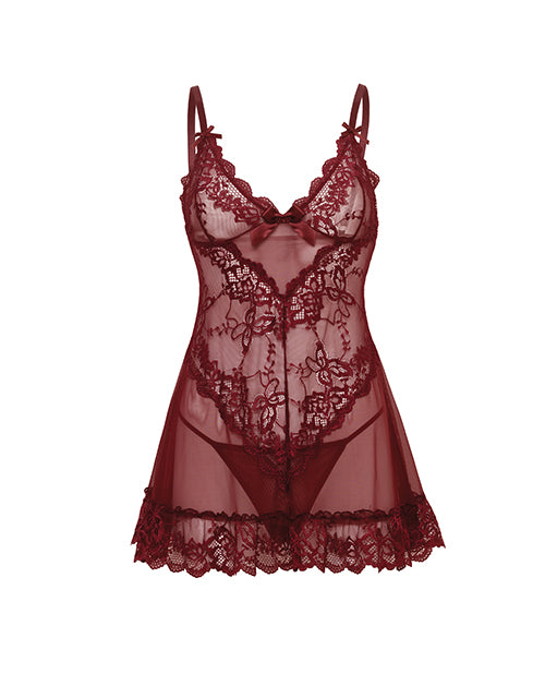 Valentine Lace Babydoll and G-String Zinfandel 1X/2X in sheer lace and rich burgundy color, perfect for romantic occasions.