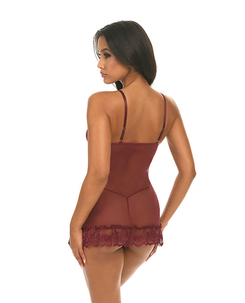 Valentine Lace Babydoll and G-String Zinfandel Small showcasing a model in rich burgundy lace and mesh from the back.