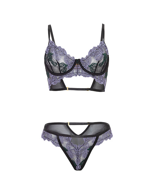 Oh La La Cheri Jenna Embroidered Bra and Panty Set Lavender with floral embroidery and sheer mesh.