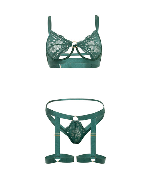 Darlene Lace Underwire Bra and Gartered Panty Set Green L/XL featuring lace and satin design with cutout cups.