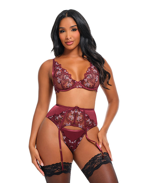 Eloise Floral Embroidered Underwire 3 Piece Set Burgundy XL in rich burgundy with intricate floral details and modern glamour.