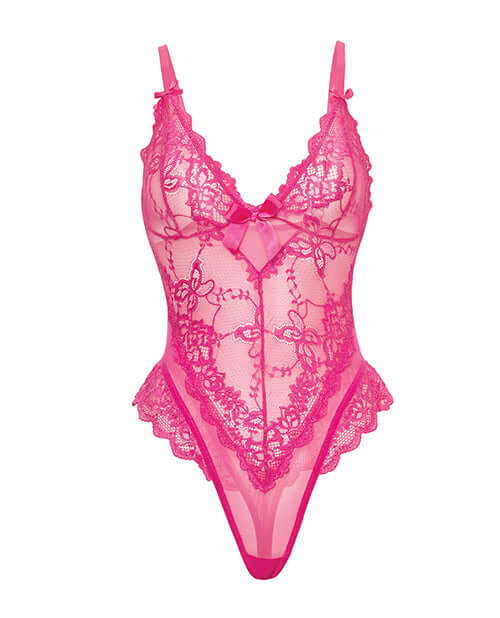 Oh La La Cheri Valentine Lace Teddy Rose 3X 4X in vibrant pink lace and mesh design with bow accents.