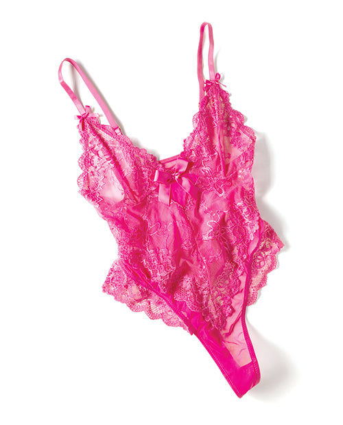 Oh La La Cheri Valentine Lace Teddy Rose 3X 4X in bright pink lace with bow accents and sheer detailing.